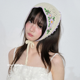 纯手工钩织棉线三角巾女春夏氛围感装 饰包头头巾 古早少女 feytiy