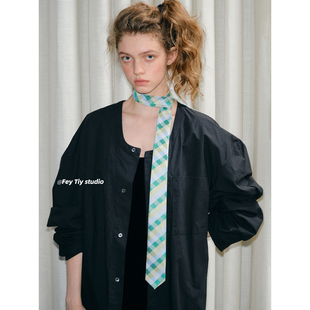 feytiy 甜酷girl格子领带春夏时髦制服配饰绿色手打jk领结女 个性