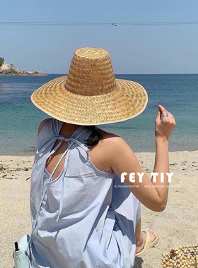 fever同款大帽檐韩国ins小众高顶蒲草手编草帽复古百搭度假草帽女
