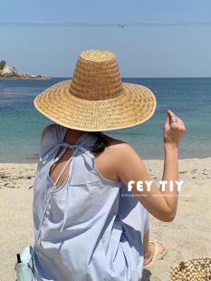 大帽檐韩国ins小众高顶蒲草手编草帽复古百搭度假草帽女 fever同款