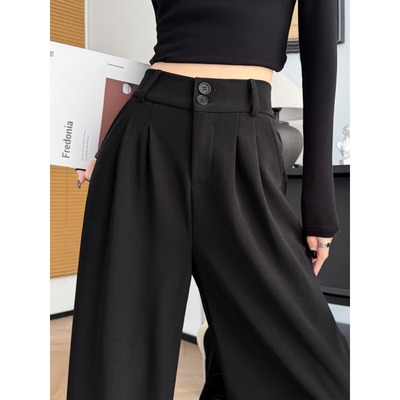 黑色窄版西装裤女2025新款秋冬季小个子显瘦感垂感休闲直筒阔腿裤
