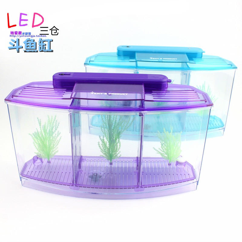 小型桌面鱼缸迷你斗鱼盒斗鱼缸办公室热带养小鱼塑料盒双格带灯