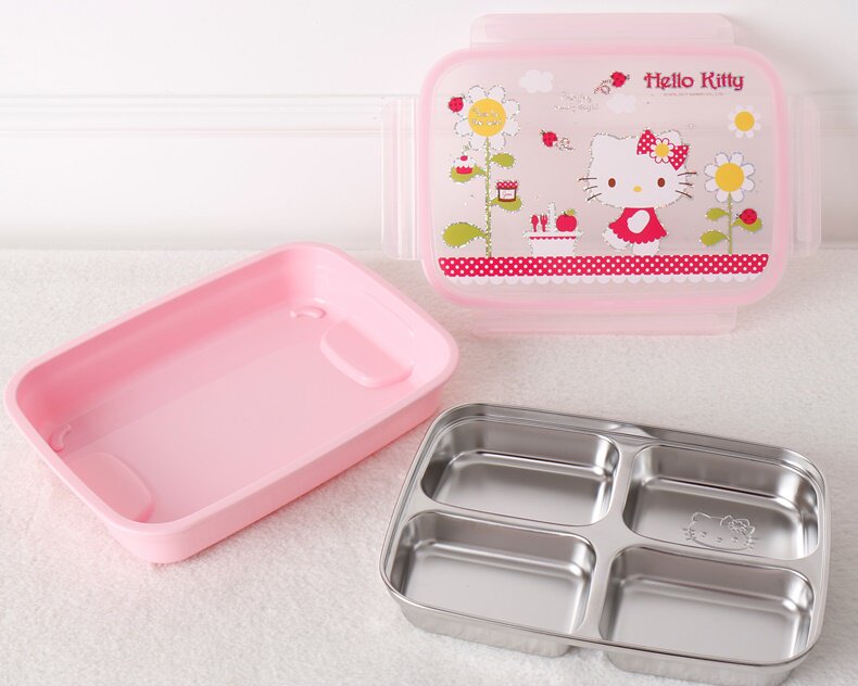 韩国乐扣原产 hello kitty 不锈钢 分格饭盒 密封饭盒  防烫款