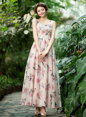 美妃连衣裙夏天收腰显瘦长裙大摆雪纺无袖气质女碎花长款