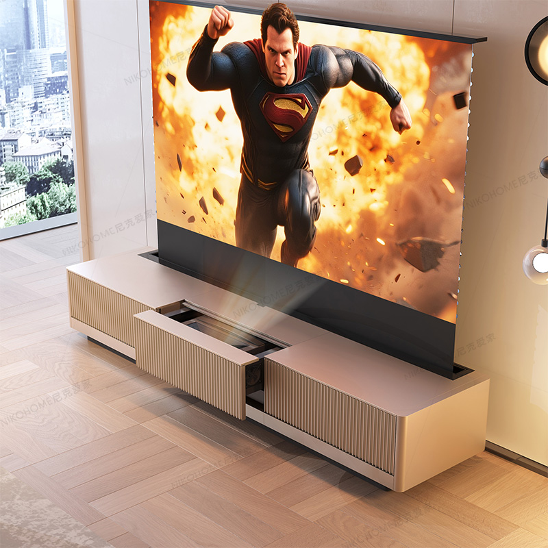 尼克爱家全自动地升屏激光电视一体柜激光电视柜隐藏式云台100寸