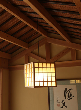 手工格子松木吊灯茶室灯禅意新中式日式和室灯实木灯具原创工艺灯