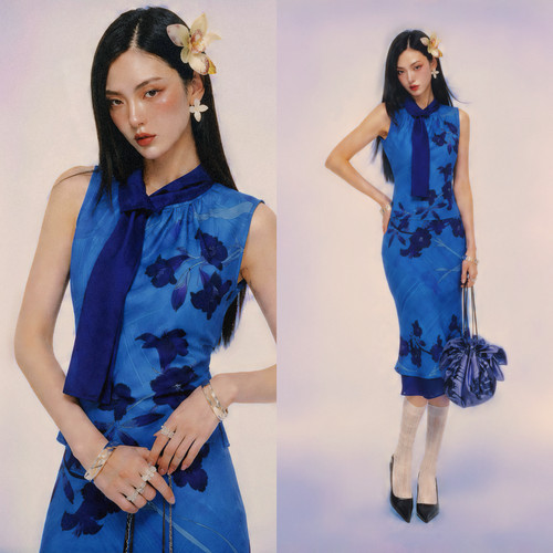 新中式蓝印花无袖上衣鱼尾套装女