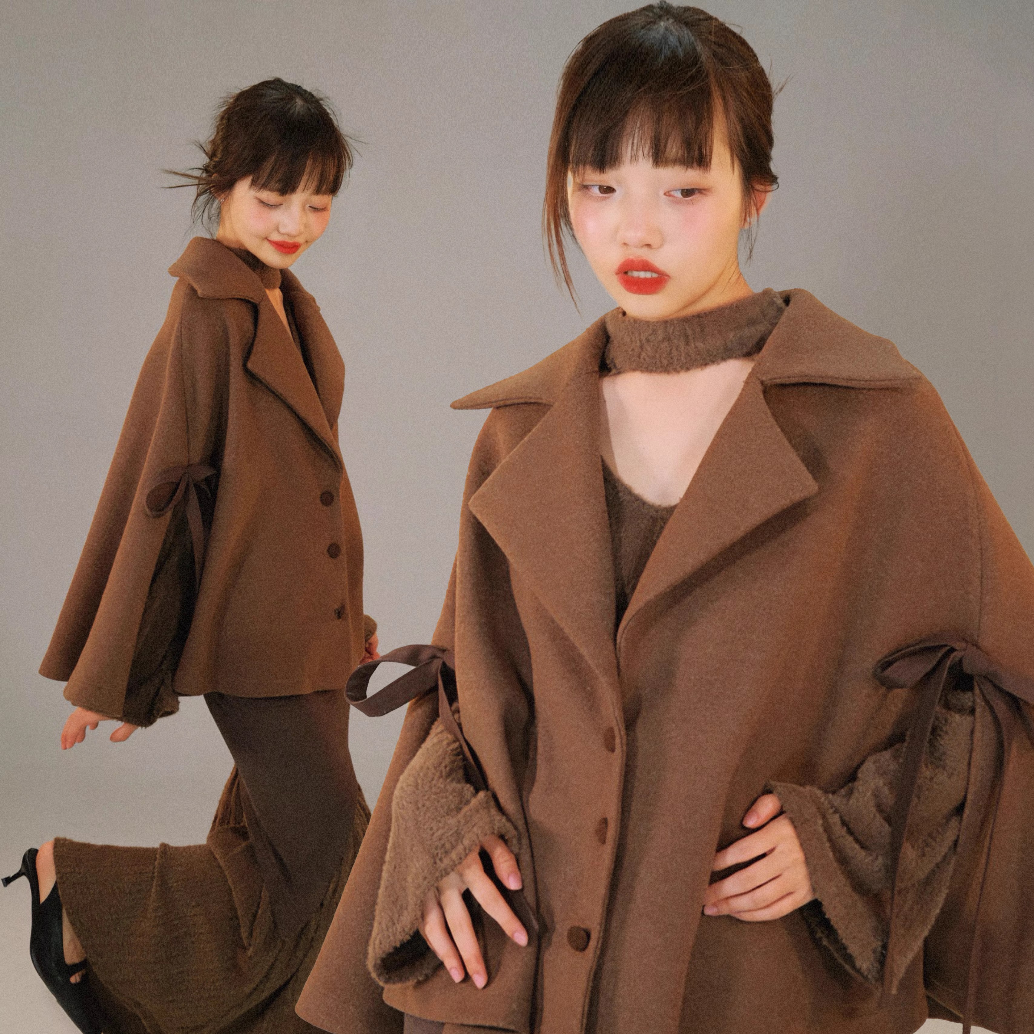 里织兀复古棕斗篷披肩廓形外套