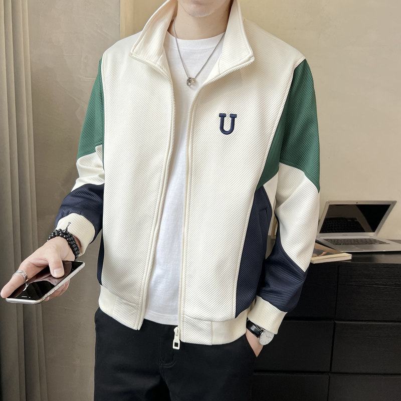 SEABASS秋季新款斜纹针织拼色夹克2022秋装立领休闲韩版潮流外套