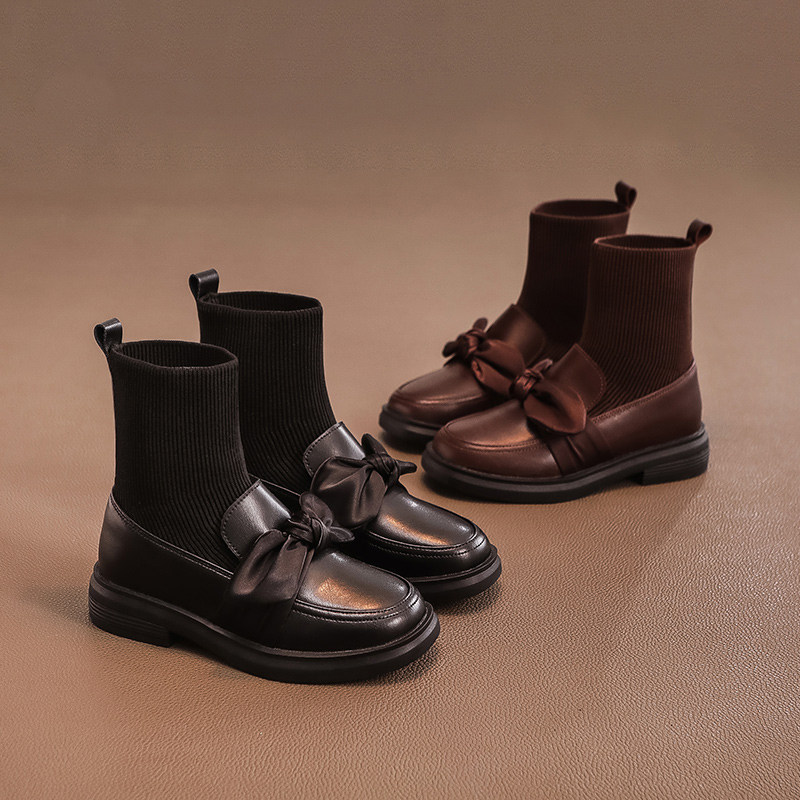 VTVK女童时尚马丁靴2026新款儿童弹力袜靴秋冬加绒真皮二棉短靴