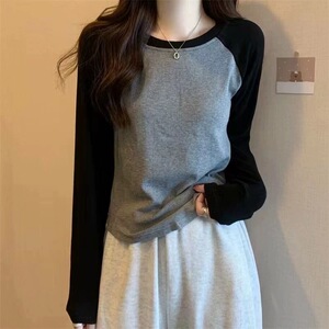 打底衫2023新款女秋冬内搭可外穿短款上衣撞色圆领百搭长袖t恤女