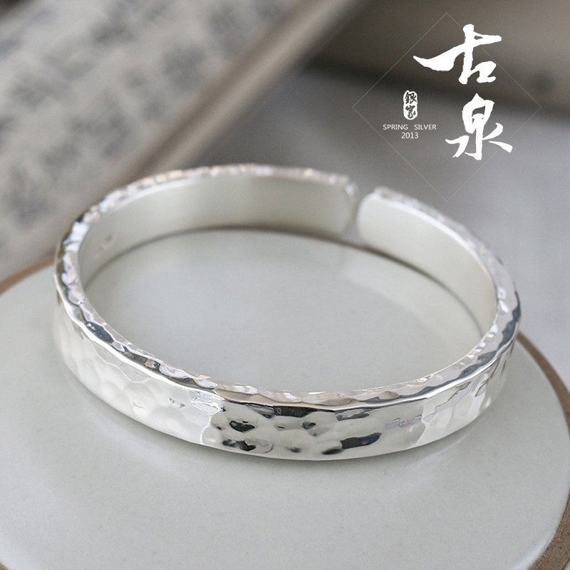 足银999手镯锤纹锤印手工定制银镯子简约方条亮面实心开口亲子镯