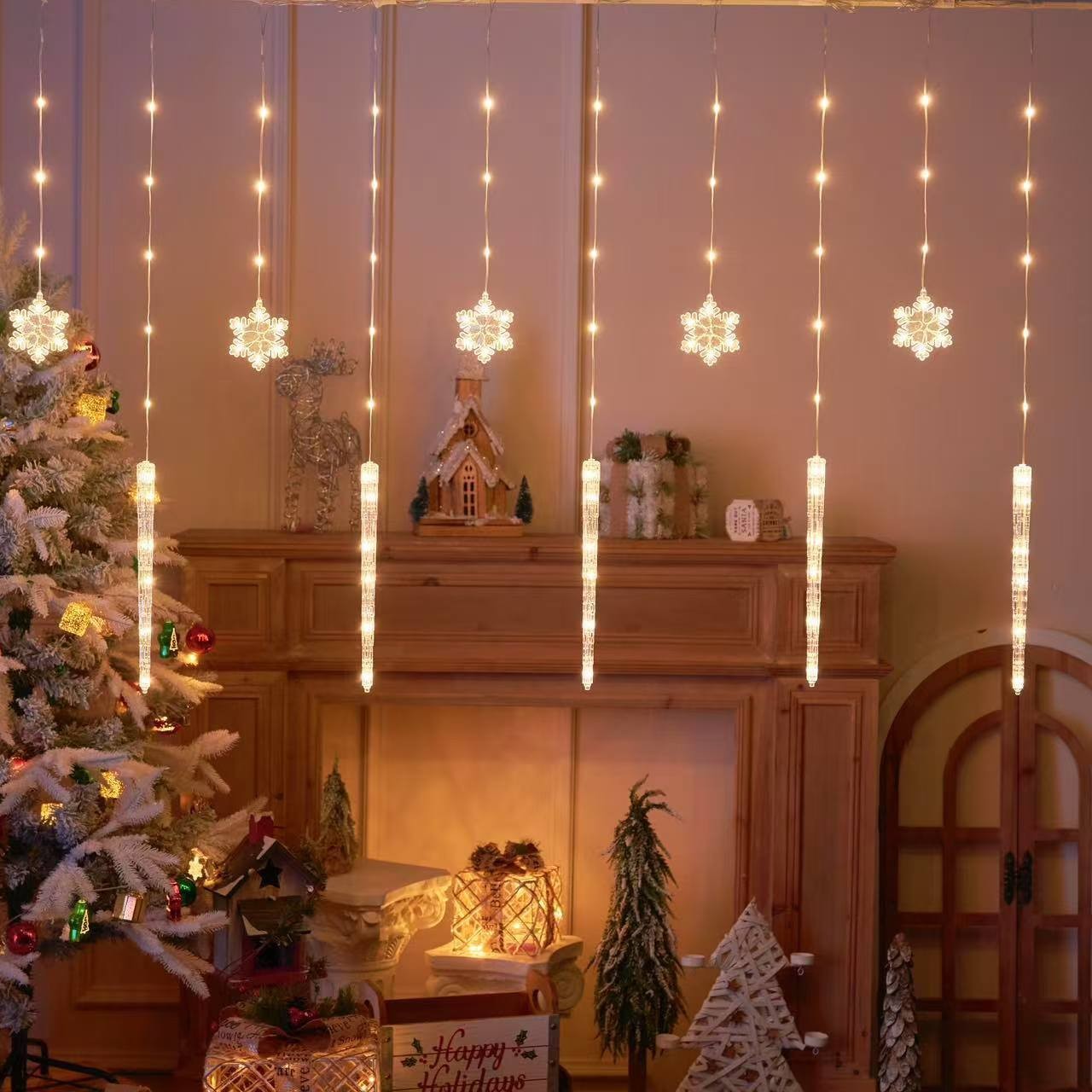 圣诞节装饰彩灯冰锥雪花造型灯串圣诞节户外防水装饰皮线灯窗帘灯