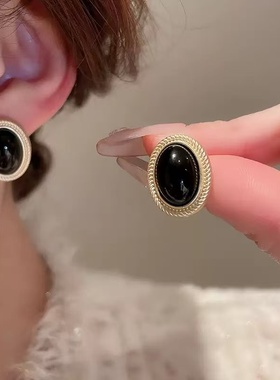 【GROW UP】小众银针耳钉黑色椭圆时尚简宫廷气质高级感耳环