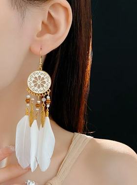 原创设计民族风长款羽毛流苏耳环红色女士时尚复古耳坠喜庆拍照