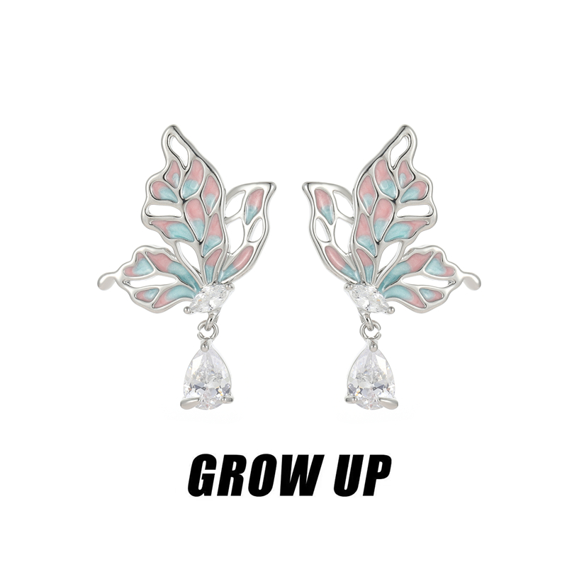 立体镂空渐变滴釉蝴蝶锆石耳环