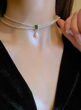 【GROW UP】轻奢双层珍珠项链女复古水晶吊坠精致锁骨链高级感