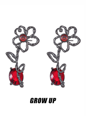 GROWUP原创禁忌玫瑰花朵耳环黑色高级感小众设计甜酷线条镂空耳饰