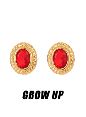 GROW UP法式鸽子蛋耳环中古风节假日高配红色饰品纯银耳针耳钉