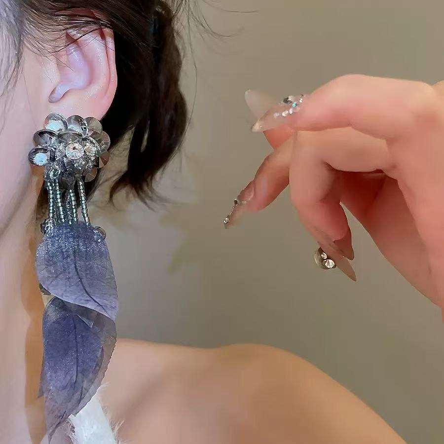 GROWUP暗紫色树叶复古港风耳环女气质高级感耳饰耳钉秋冬S925银针