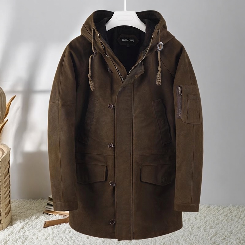 复古美式磨砂牛皮连帽中长款皮衣