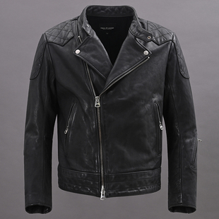 青年潮流斜拉链外套男士厚重款头层牛皮皮夹克立领机车风真皮皮衣