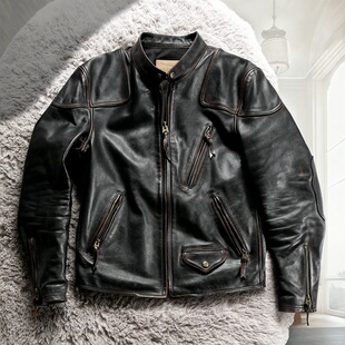 茶芯色做旧立领修身 真皮皮衣男式 马皮皮夹克 毒液机车复古风格 经典