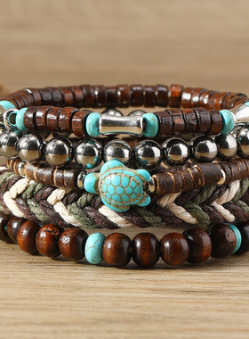 新品 欧美绿松石乌龟复古木珠蜡绳5件套编织手链套装