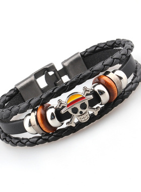 卡通海贼王路飞周边欧美流行男士皮手链木珠骷髅头饰品对扣手链