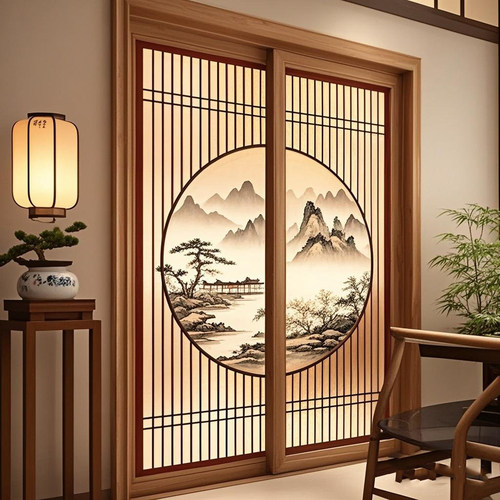 实木折叠推拉吊轨门中式推拉门