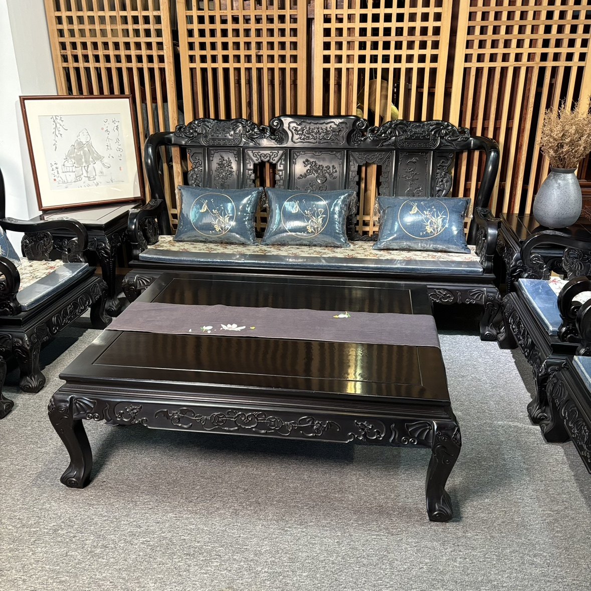 中式古典满雕刻黑檀木实木客厅沙发十件套大款多人位组合红木沙发