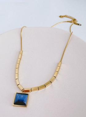 韩版简约蓝色方牌钛钢项链女