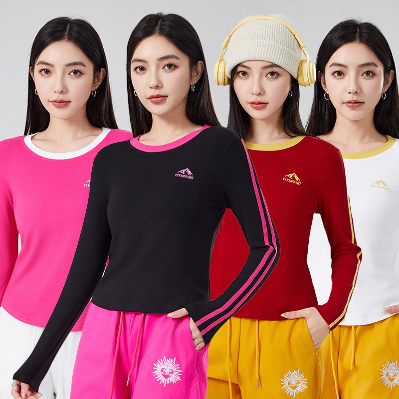 广场舞服装新款运动休闲圆领棉T恤健身跳操舞蹈刺绣长袖上衣女