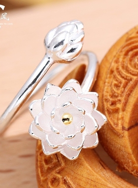 可转动999纯银食指戒指环大码荷花莲花防过敏足银饰配套耳钉