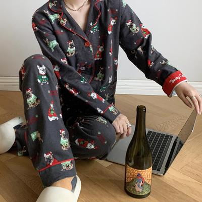 PJS秋冬春季女士纯棉双面磨毛睡衣家居服套装~炭灰狗狗~
