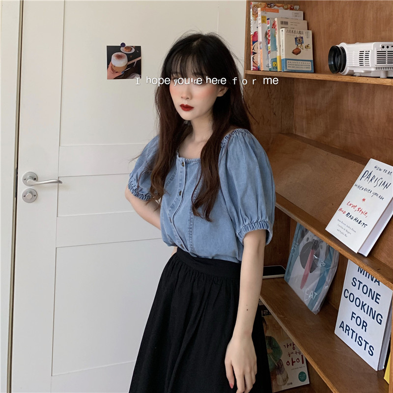 Real shot real price South Korea versatile age reduced one line off shoulder single breasted Vintage bubble sleeve denim shirt