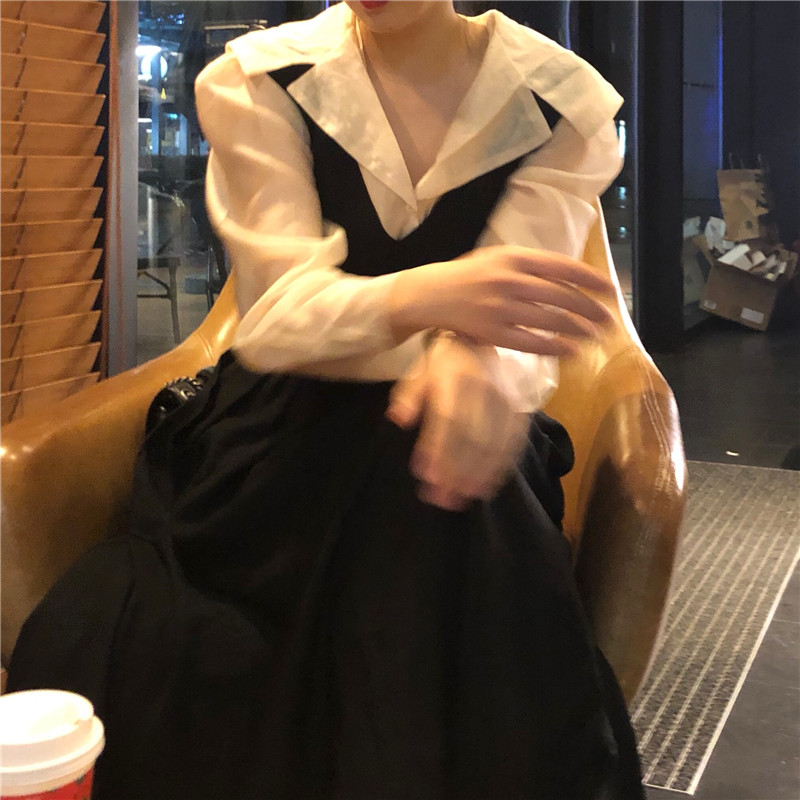 Real price bubble sleeve big Lapel shirt + solid French strap cotton big pocket dress