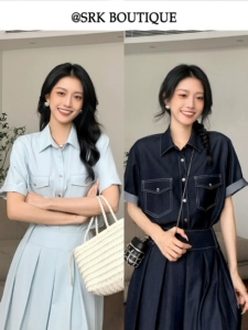 菁菁是我-现货法式休闲短袖衬衫女夏小个子牛仔蓝显瘦百褶半身裙
