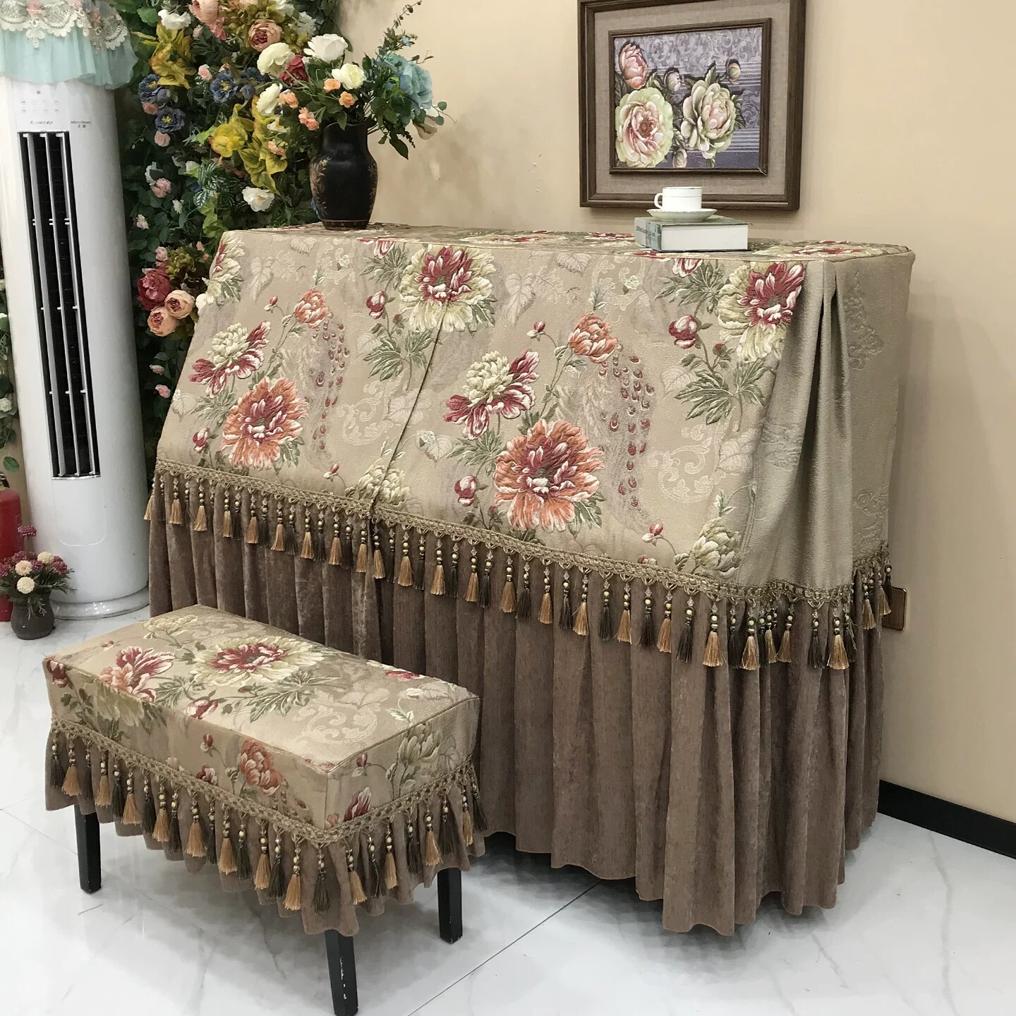 新款高级钢琴罩轻奢高档全罩欧式防尘钢琴布套全包美式雪尼尔凳套