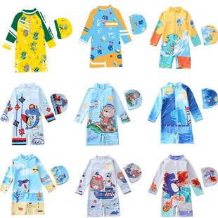 沙滩防晒温泉游泳衣 长袖 新款 儿童泳衣男连体男童可爱恐龙卡通泳装