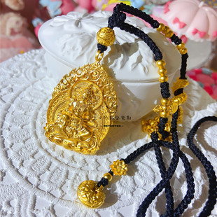 足金传承古法金手工錾刻金生肖守护佛普贤菩萨吊坠黄金项链