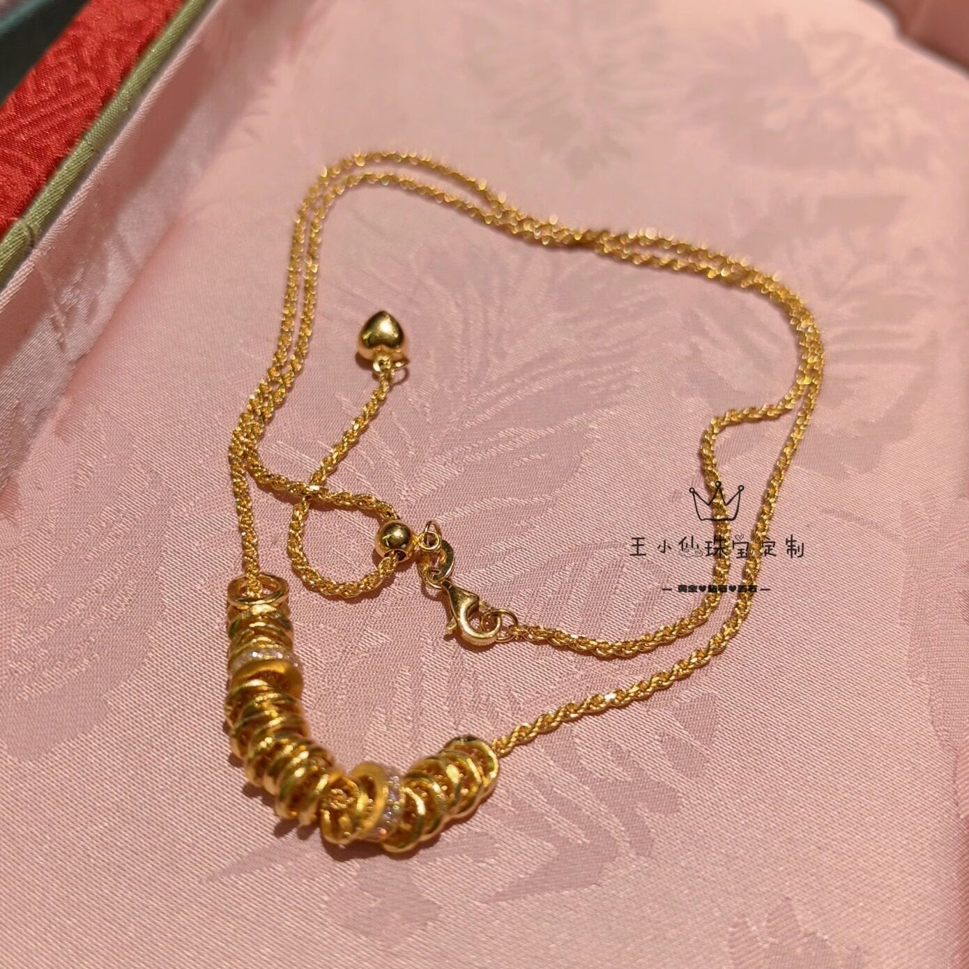 足金999古法金腰缠万贯黄金盘缠莫桑石隔珠点缀可调节麻花项链女
