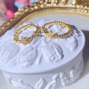 足金点钻工艺莫桑石双面小星星2mm圆珠金珠闪闪蹦迪珠弹力绳戒指