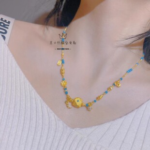 足金999异域风情方块大号炸珠纹理瓷蓝美松星月莫桑石芝麻粒项链