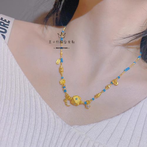 足金999异域风情方块大号炸珠纹理瓷蓝美松星月莫桑石芝麻粒项链