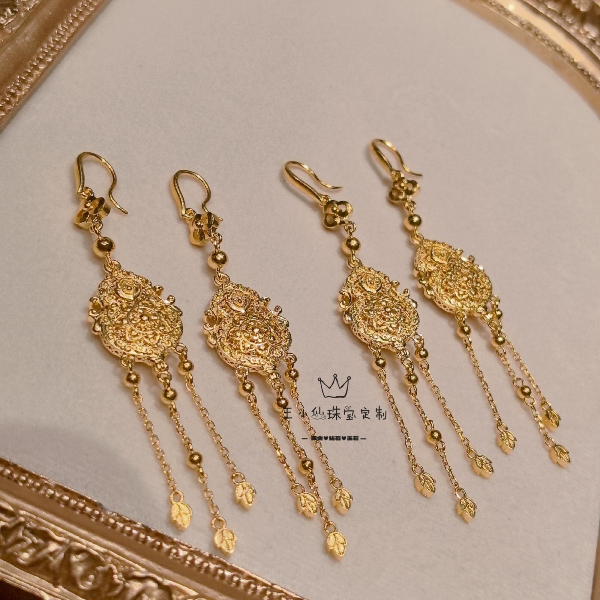 足金999传承古法金工艺宫廷花丝祥云如意流苏葫芦镂空耳环耳坠
