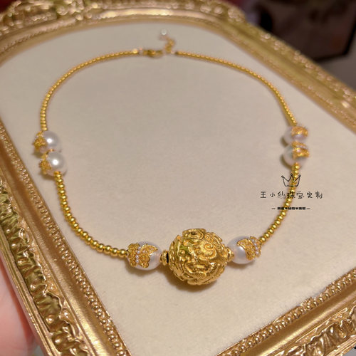 足金999手工古法金錾刻金18mm龙珠3mm古法金珠花丝蝴蝶珍珠项链女