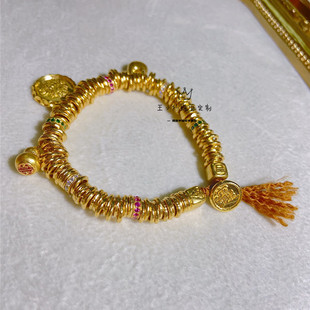 足金手工古法金6mm锤纹招财进宝黄财神金坨坨葫芦黄金手串