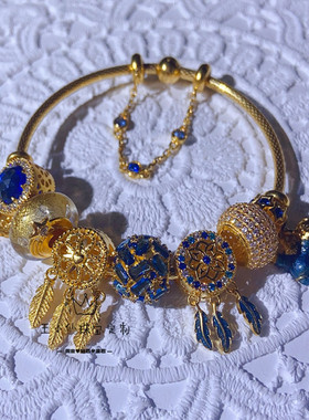 足金手工金点钻工艺蓝色海洋捕梦网星云琉璃阿拉丁神灯仙哆啦套镯