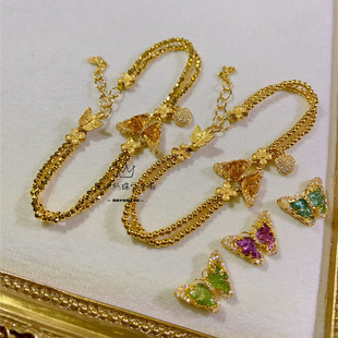 足金手工古法金天然糖果色碧玺蝴蝶莫桑爱心闪闪金珠2mm双层手链